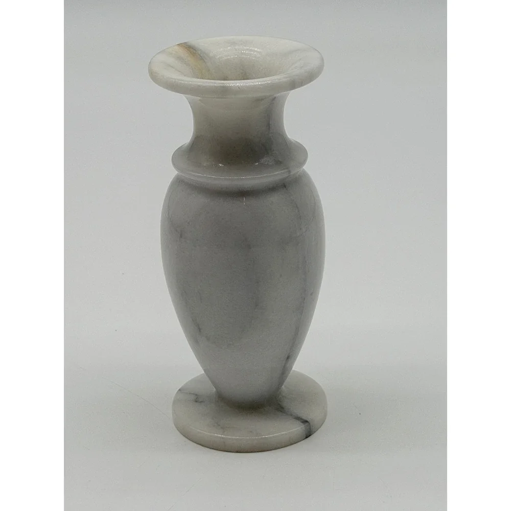 Vintage Grey White Veined Marble Bud Vase Polished Stone Urn 6.75 Inch